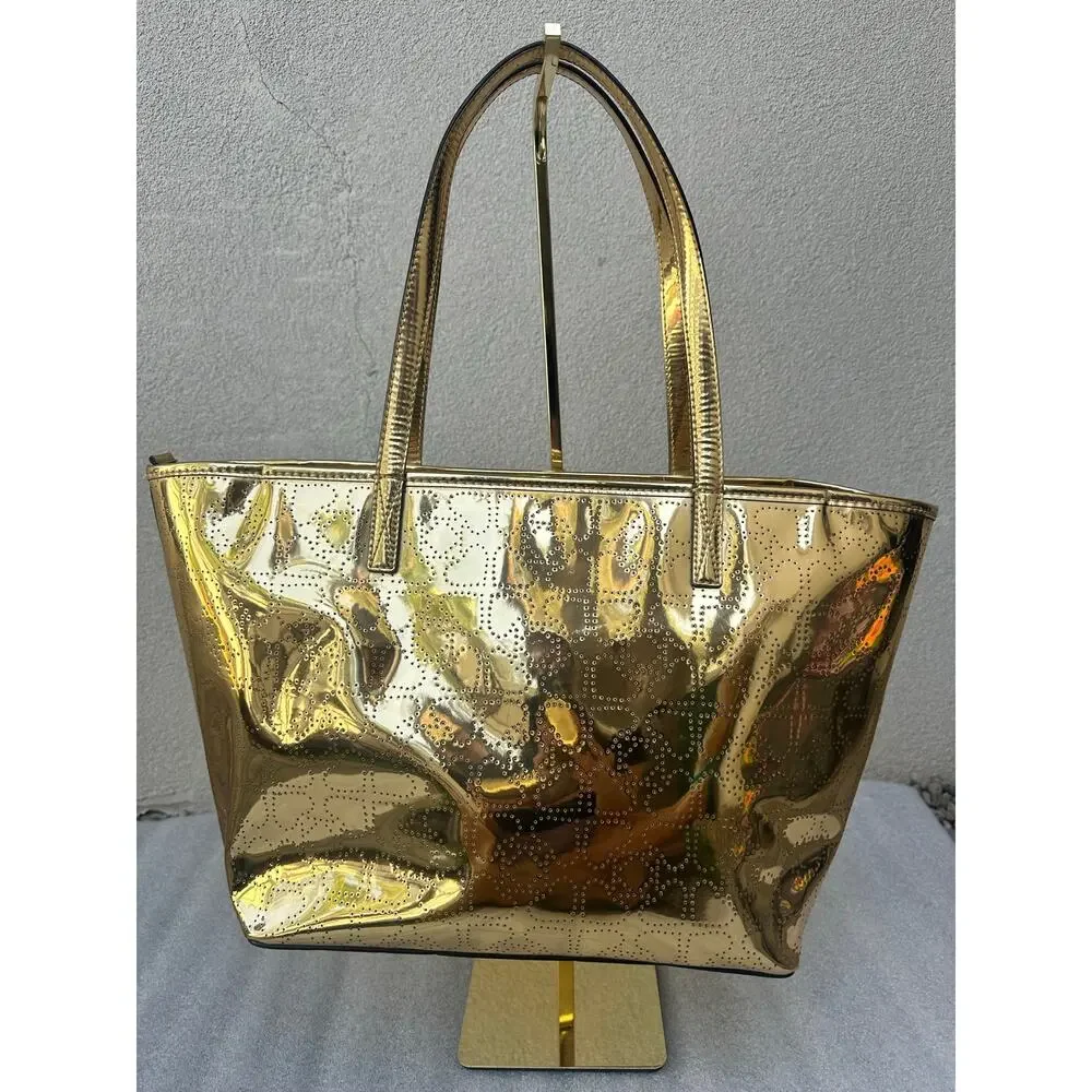 Kate Spade Metallic Gold Perforated Spade Logo Tote Bag